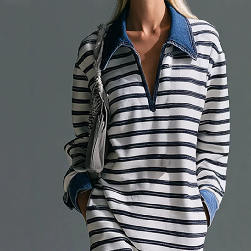Retro Striped Long Sleeve Denim Collar Dress with Slit