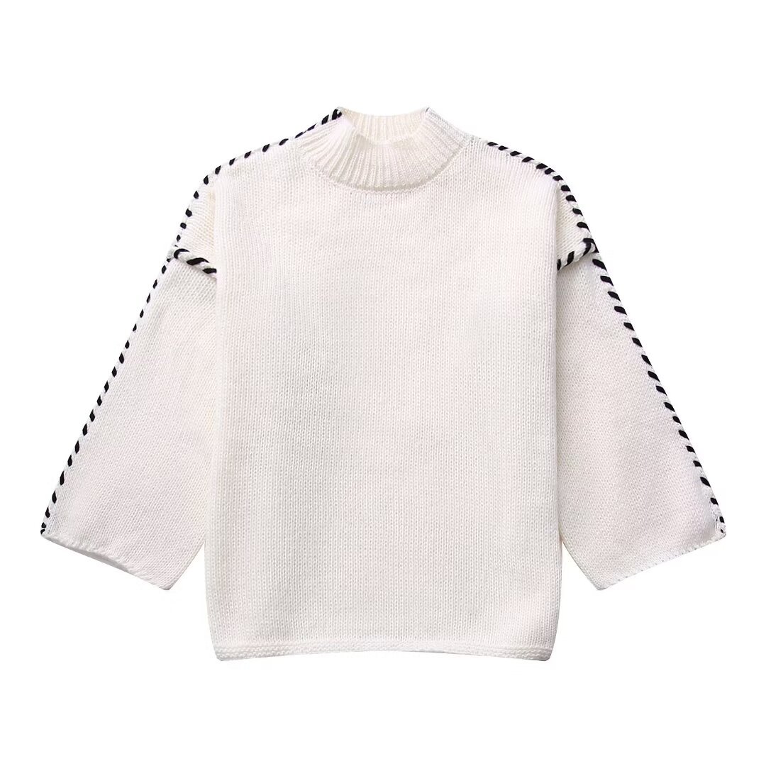 Women's Color-Block Crewneck Long-Sleeve Knit Sweater with 3D Pattern