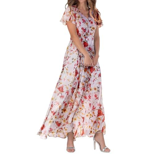 Women's Butterfly Floral Print Ruched Midi Dress Deep V-Neck Sleeveless Slim Fit