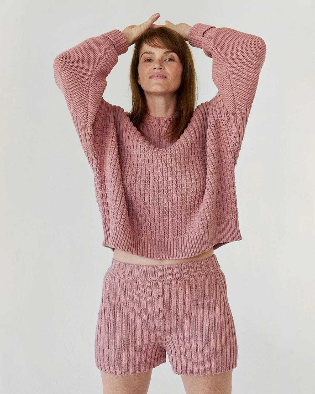 Women's Knit Crewneck Long Sleeve Loose Casual Shorts Two-Piece Set