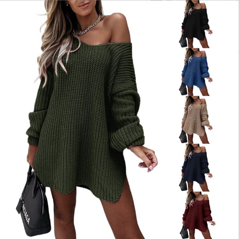 Women's Solid Loose V-Neck Pullover Knit Sweater