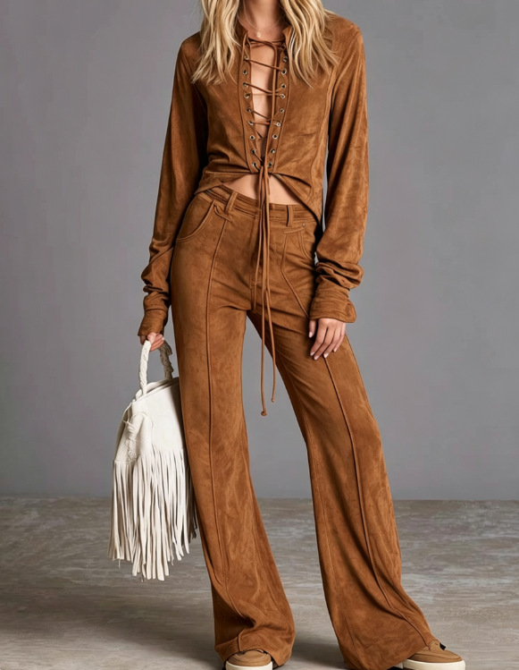 Women's Western Style Suede Cardigan and Pants Set