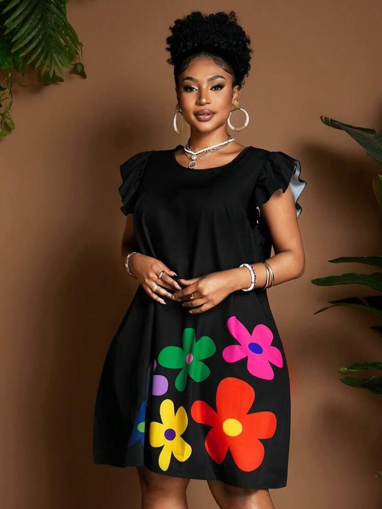 Women's Floral Print A-Line Dress with Round Neck and Ruffle Sleeves