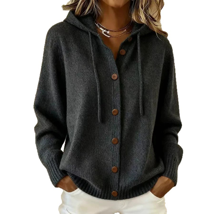 Button-Up Knit Hooded Cardigan Sweater Coat Solid Color Casual Women's