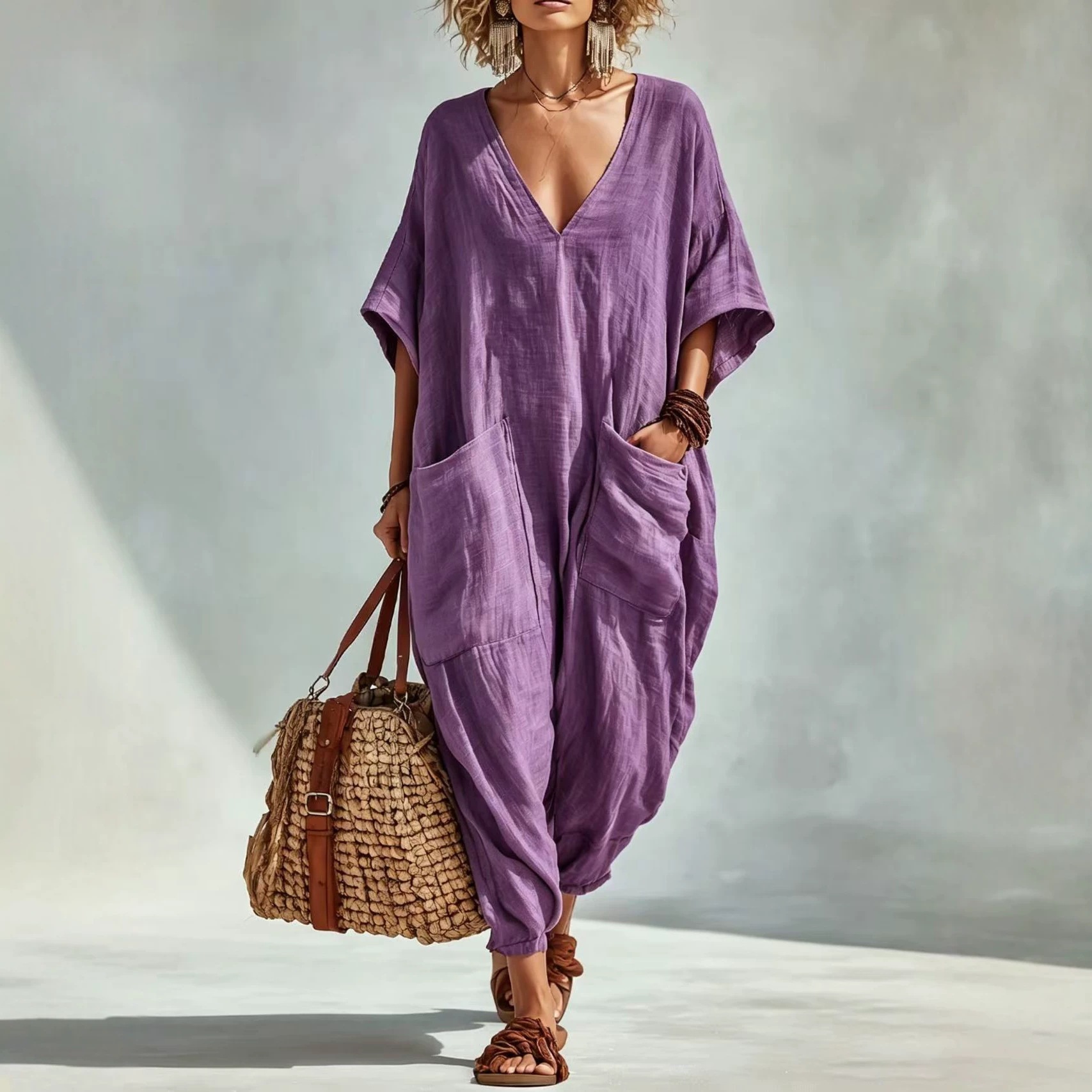 Women's Loose V-Neck Linen-Blend Jumpsuit with Pockets, Lantern Pants, Beach Vacation