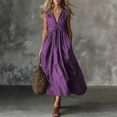 Solid Sleeveless Deep V-Neck A-Line Maxi Dress