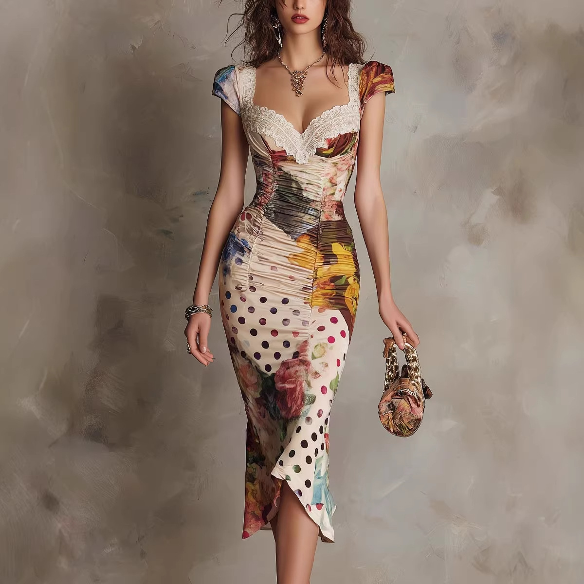 Vintage Floral Print Square Neck Midi Dress with Waist-Cinching Fit
