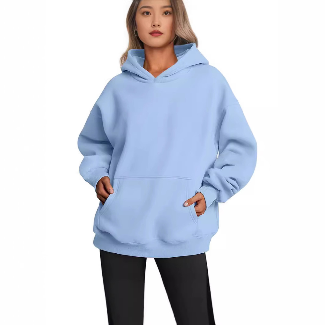 Women's Fleece-Lined Hooded Sweatshirt, Cotton Blend, Loose Fit, Solid Color