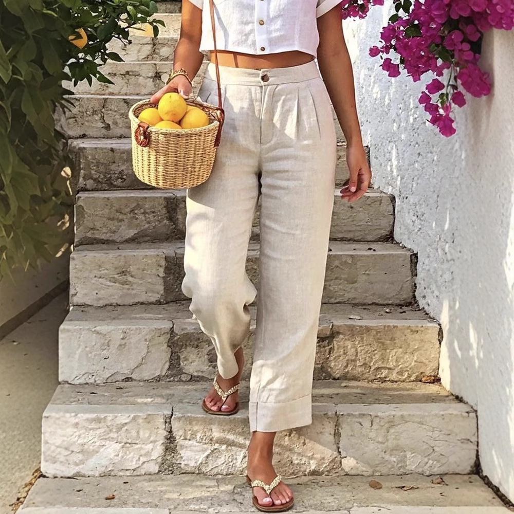 Women's Cotton-Linen Straight-Leg Cropped Pants with Button Detail