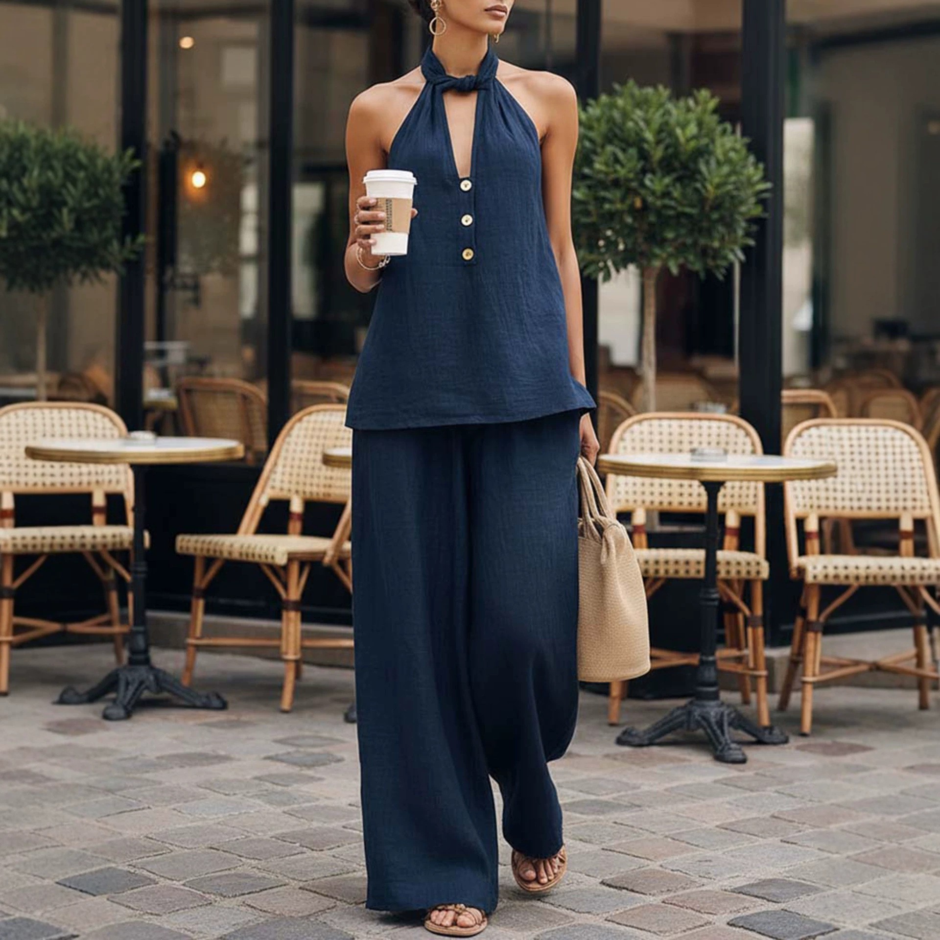 Women's Sleeveless Deep V Halter Open Back Top & Wide Leg Pants Set
