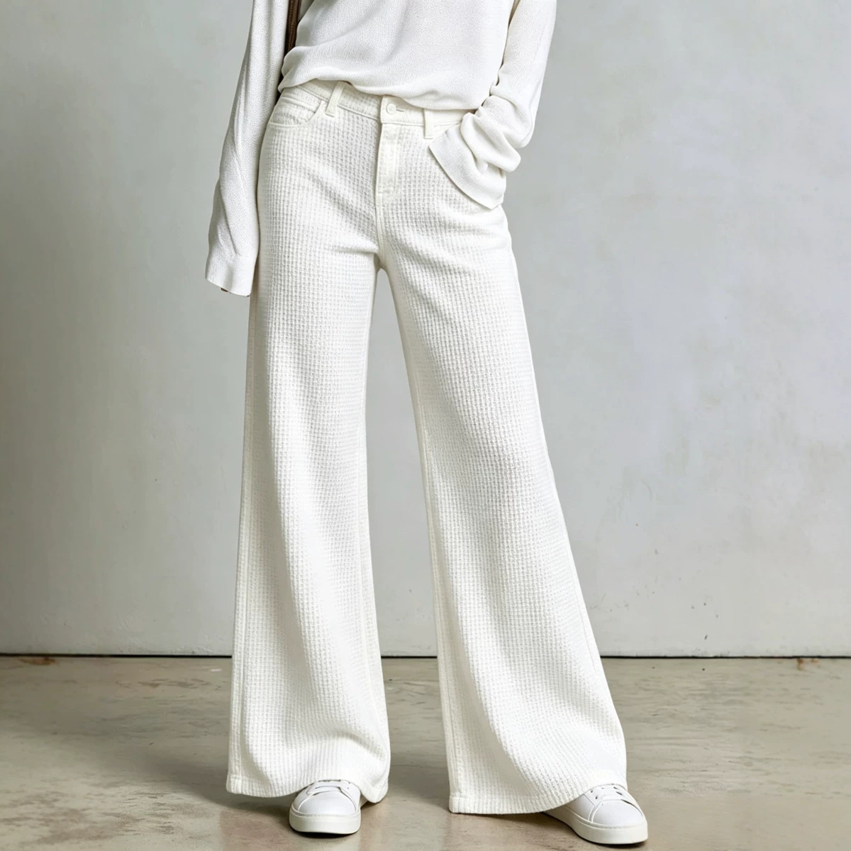 Waffle Knit High-Waist Straight-Leg Pants