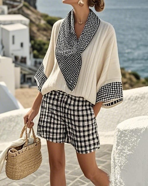 Printed V-Neck T-Shirt and Shorts Set with Faux Linen Look, Relaxed Fit
