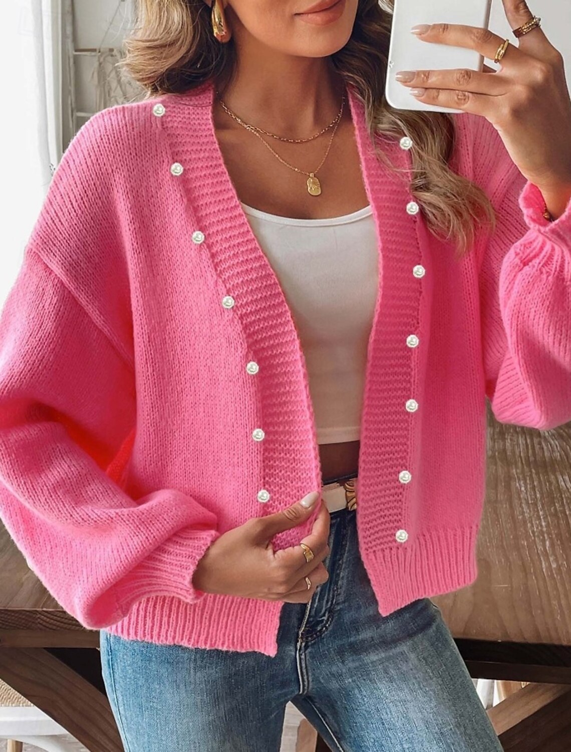 Pink Knit Cardigan for Women V-Neck Button-Up Long Sleeve