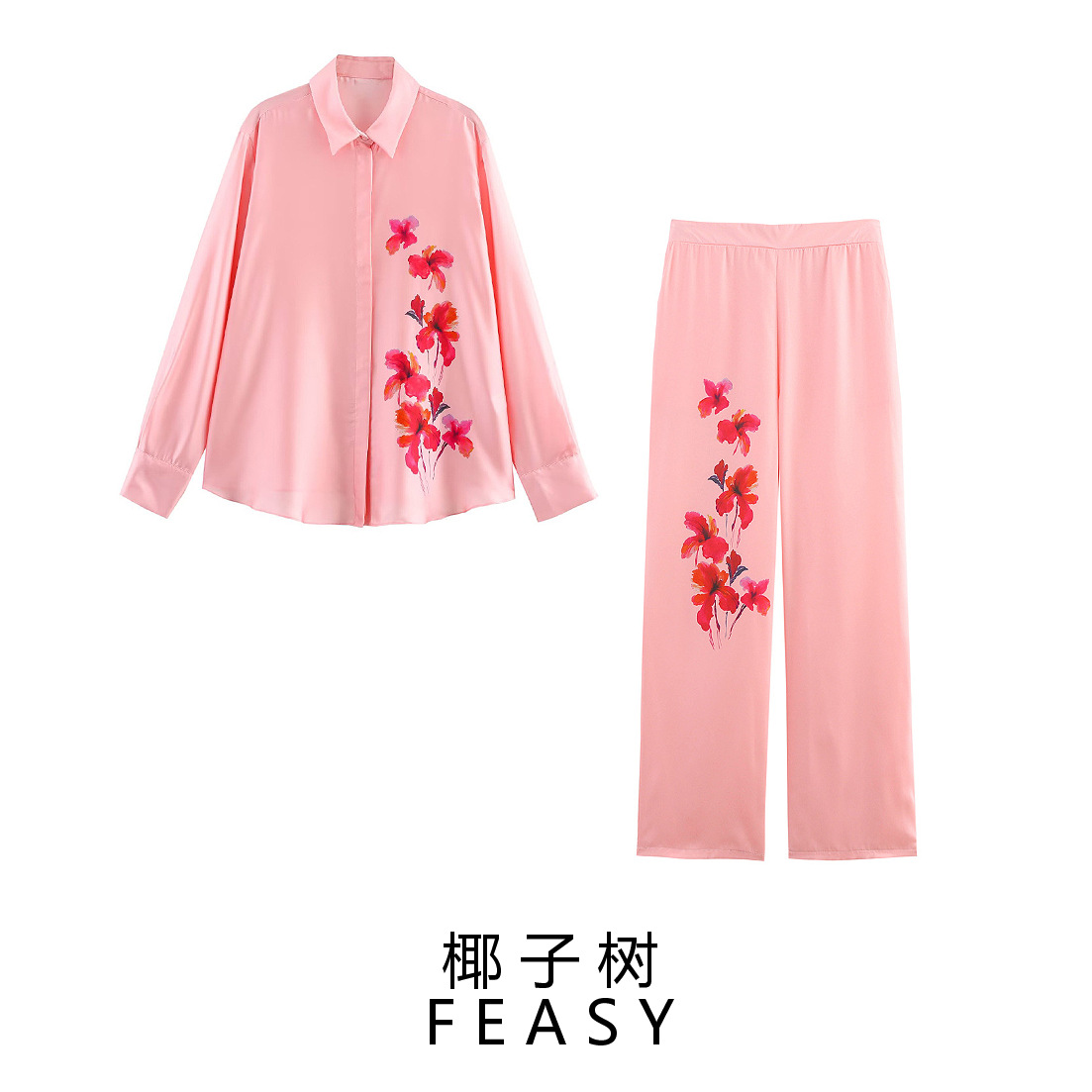 Floral Print Solid Color Loose Casual Shirt and Pants Set