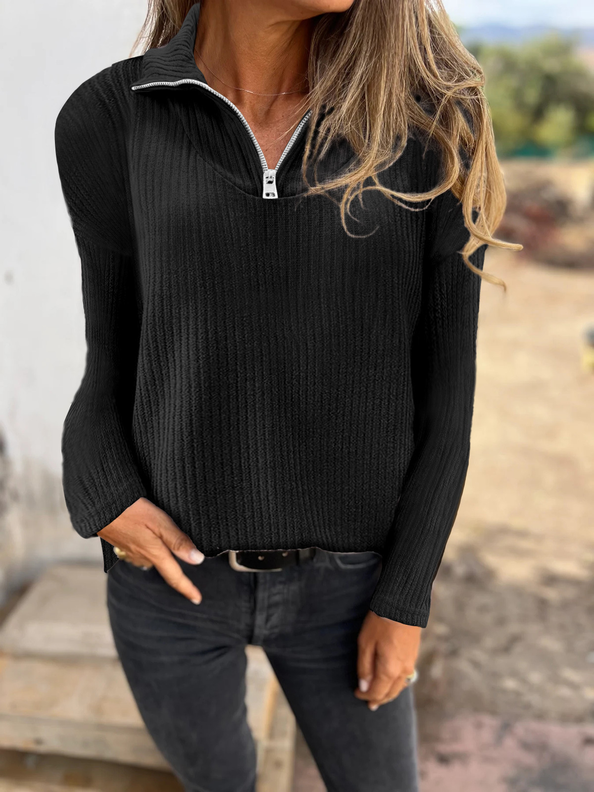 Women's Zip-Up Long-Sleeve Knit Sweater Casual Pullover