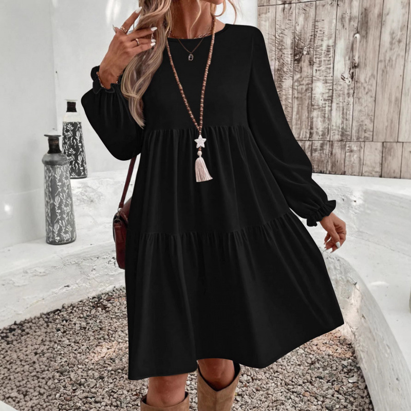Puff Sleeve Tiered Midi Dress Round Neck Long Sleeve Solid Color