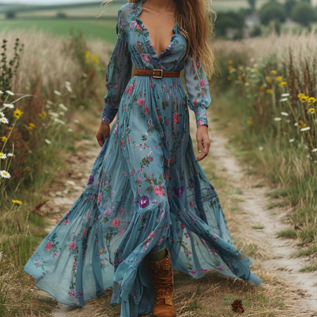 V-Neck Floral Long Sleeve Maxi Dress