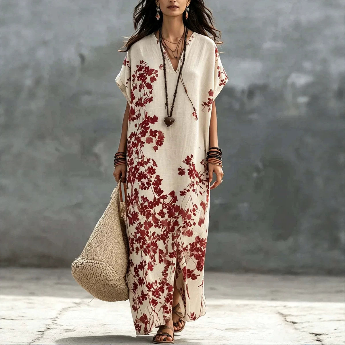 V-Neck Floral Print Short Sleeve Slit Maxi Dress