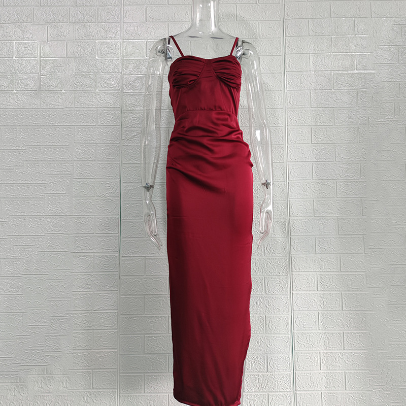 Women's Solid Satin V-Neck Sleeveless Midi Dress High Waist Asymmetrical
