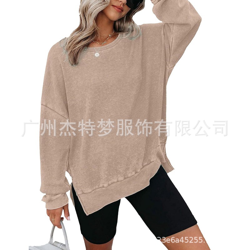Women's Waffle Knit Crewneck Long Sleeve Side Slit Pullover Top