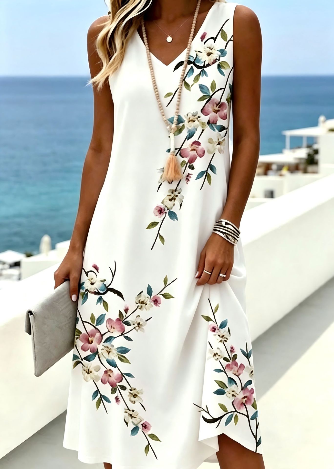 Women's Floral Print Deep V-Neck Bodycon Midi Dress Sleeveless Casual