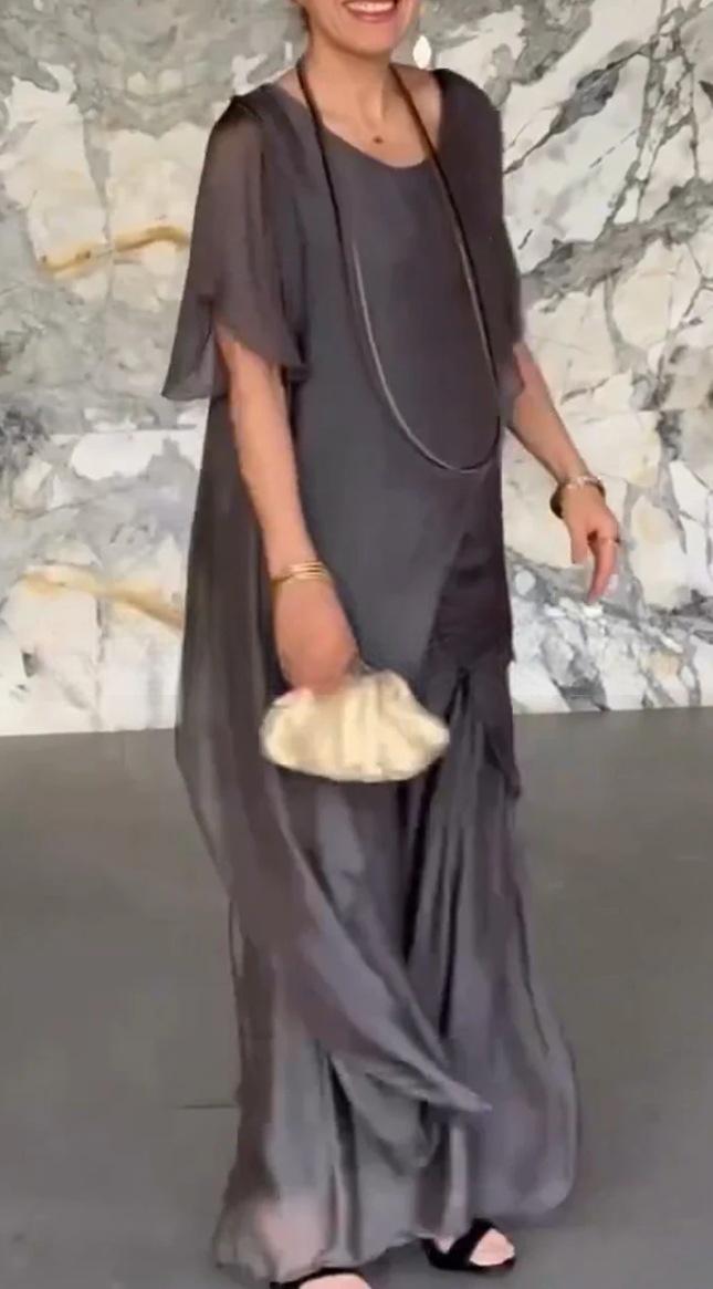 Women's Chiffon Two-Piece Set with Asymmetric Top and Loose Pants