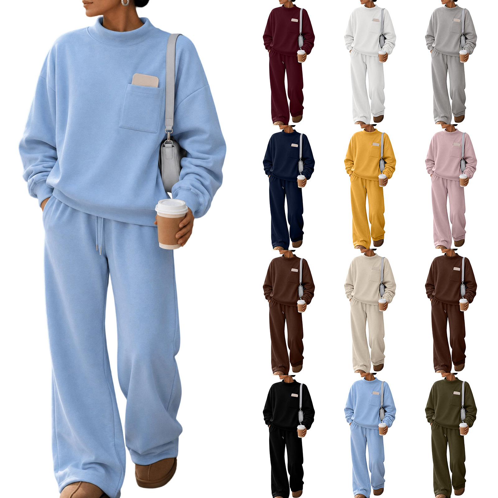 Women's Loose Stand Collar Sweatshirt & Wide-Leg Pants Set Solid Color Casual Sportswear
