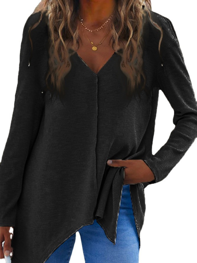 Women's V-Neck Knit Sweater Long Sleeve Loose Fit Colorblock Pullover