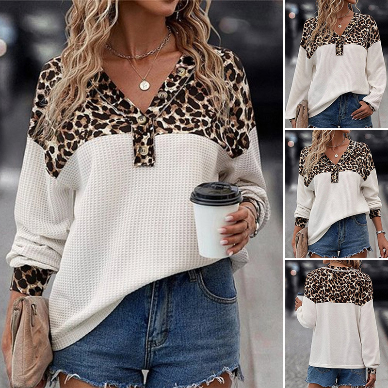 Leopard Print V-Neck Button Long-Sleeve Sweatshirt for Women