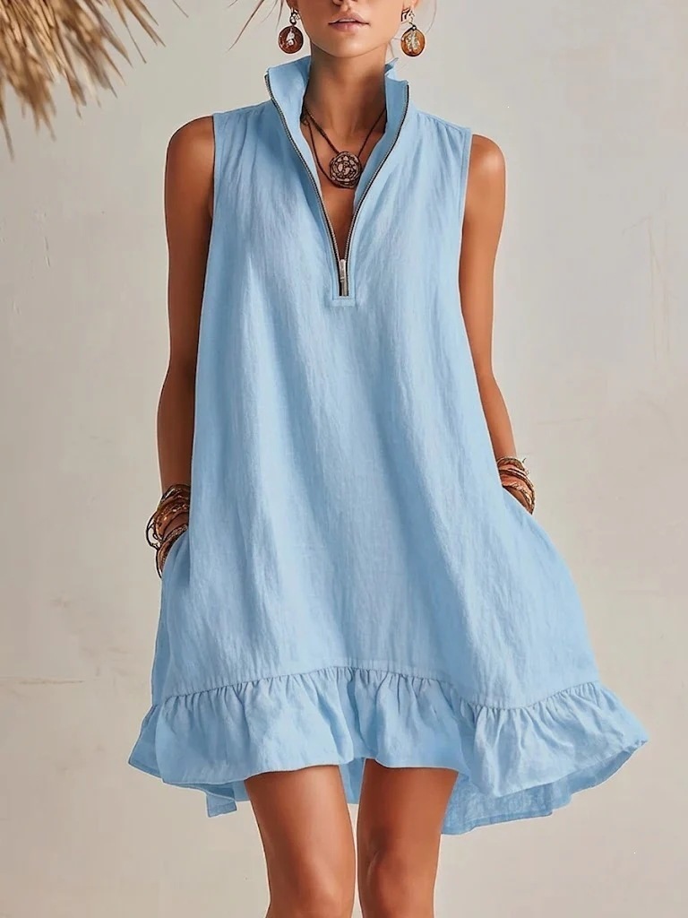 Cotton Linen Solid V-Neck Sleeveless A-Line Dress