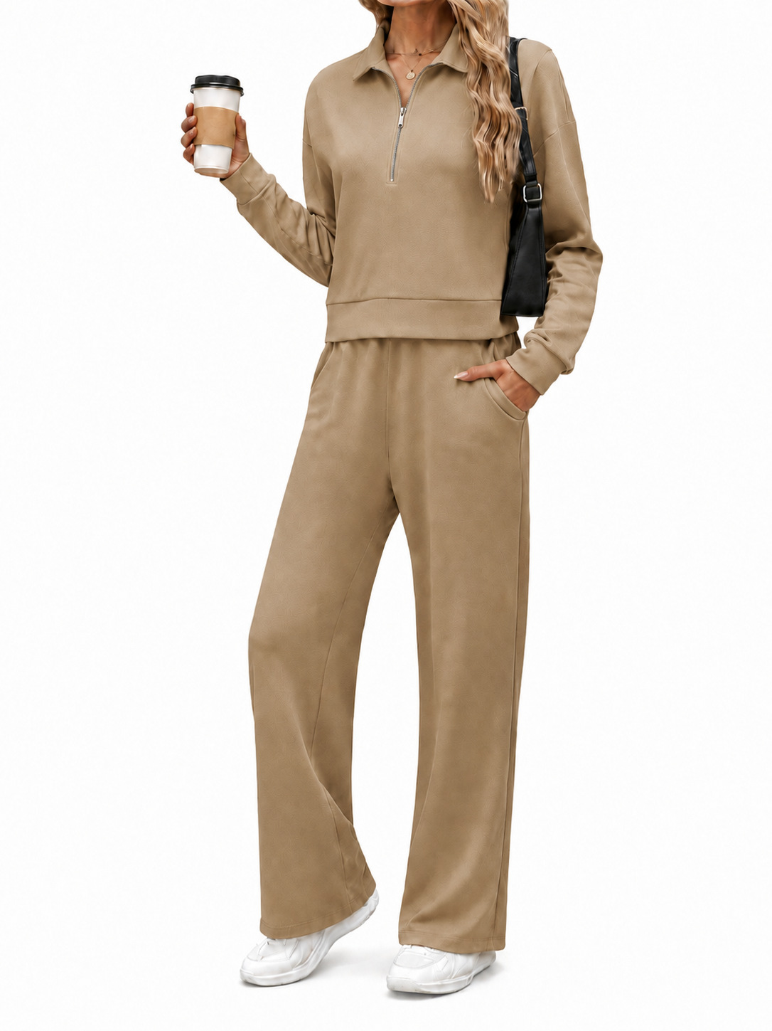 Women's Half-Zip Collared Sweatshirt & Wide-Leg Pants Set Casual Two-Piece