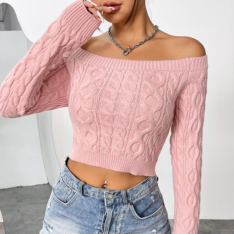 Women's Off-Shoulder Cropped Knit Sweater Slim Fit Sweet Pink