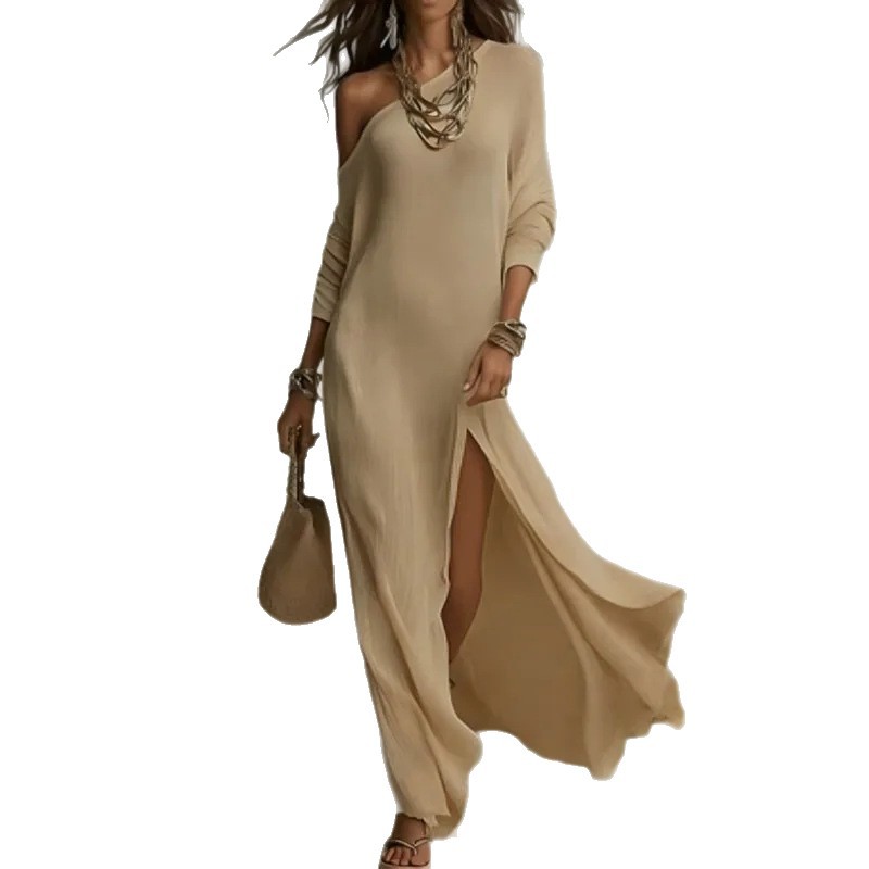 Women's Summer French Casual Slim Fit Solid One-Shoulder Slit Dress