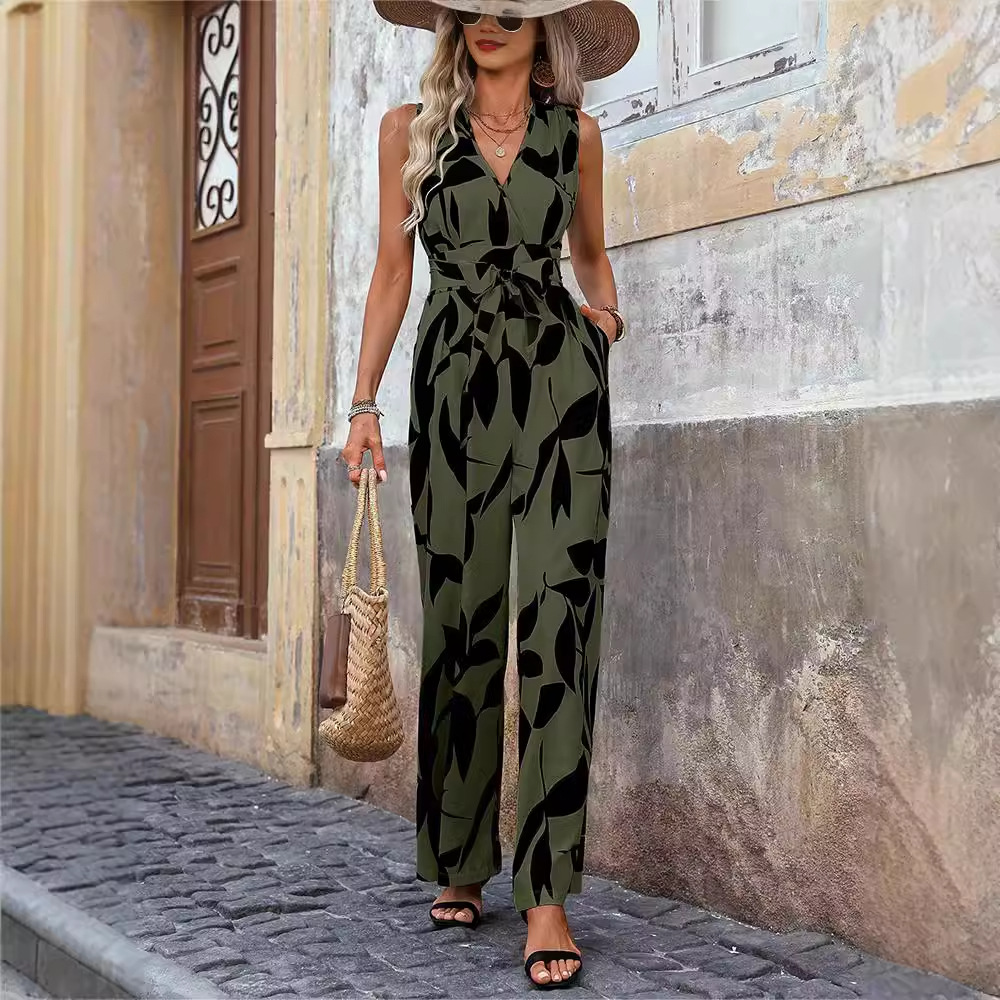 Sleeveless Printed High-Waist Tie Wide-Leg Jumpsuit for Women