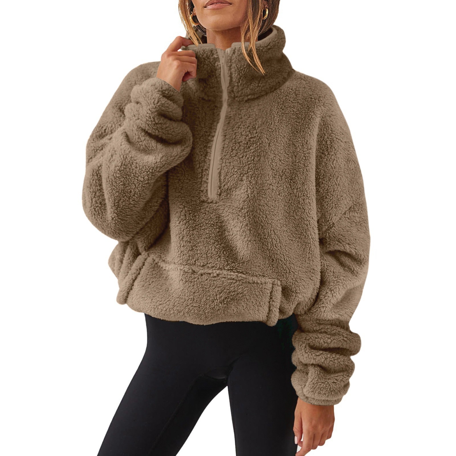 Fleece-Lined Half-Zip Stand Collar Sweatshirt for Women