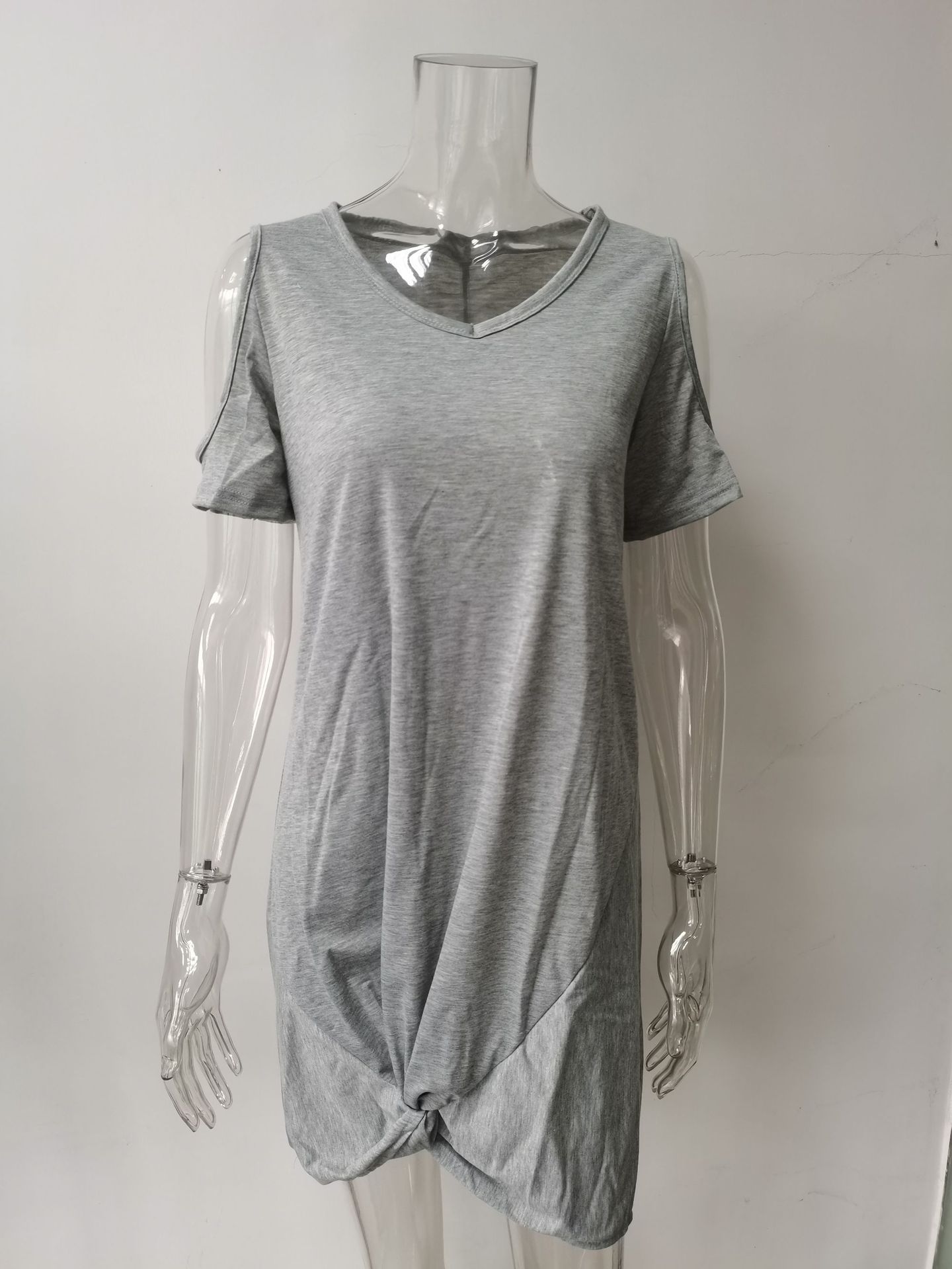 Women's Off-Shoulder Twist Knot Short Sleeve T-Shirt Dress Solid Color