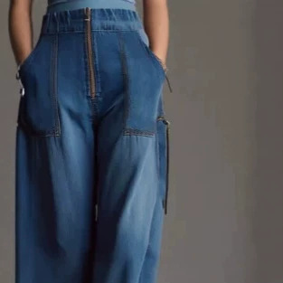 Blue Front Zip Denim Jumpsuit Casual Wide-Leg Sleeveless