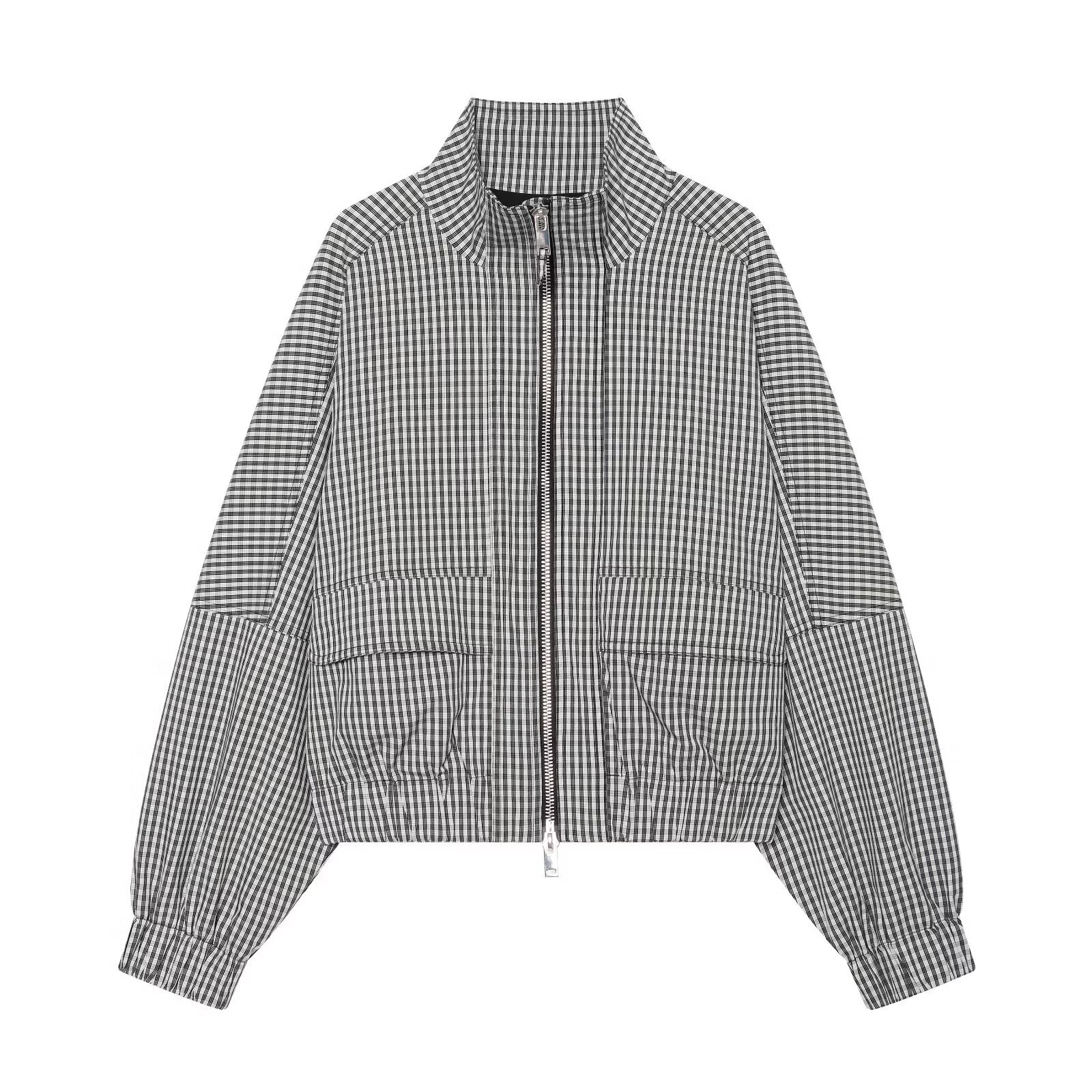 Women's Loose Fit Zip-Up Jacket with Stand Collar and Black & White Plaid