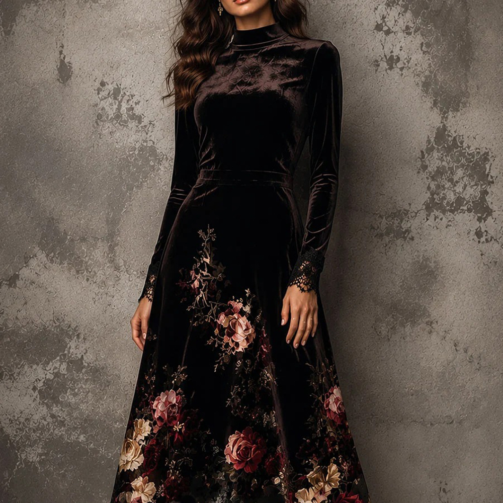 Black Floral Print Long Sleeve Maxi Dress with 3D Flowers