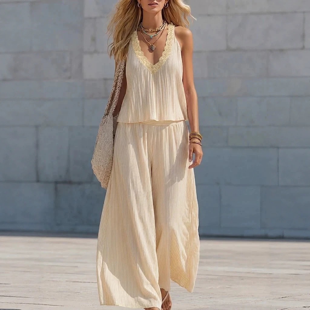 Lace V-Neck Pleated Striped Two-Piece Set with Wide-Leg Pants