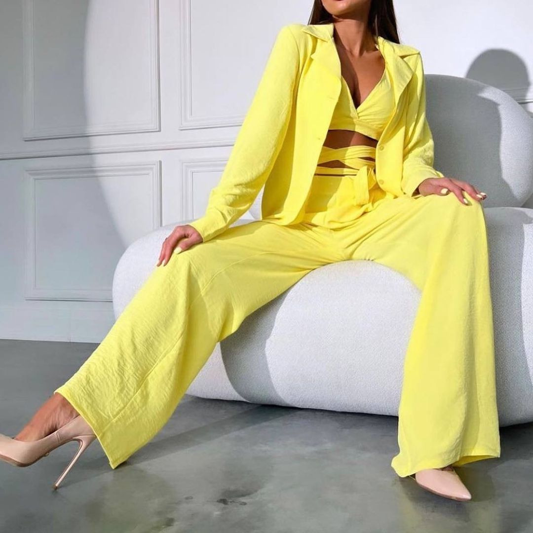Lace-Up Cami Top and High-Waist Straight Pants Suit with Blazer