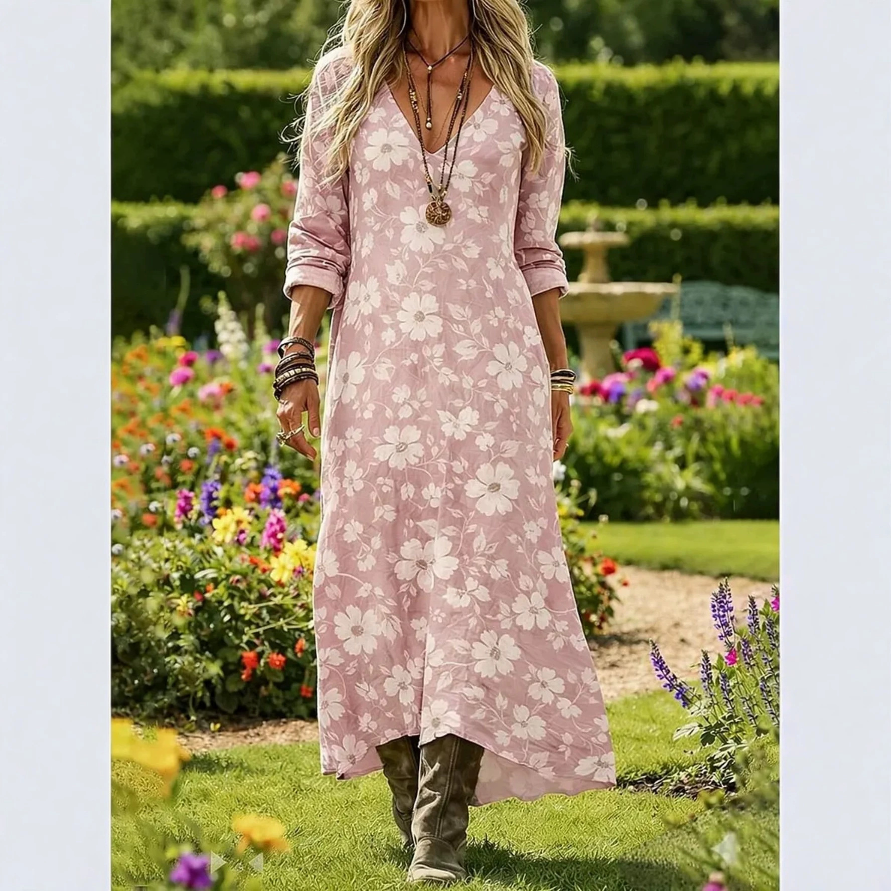 Women's Floral Print Casual Midi Dress Short Sleeve V-Neck