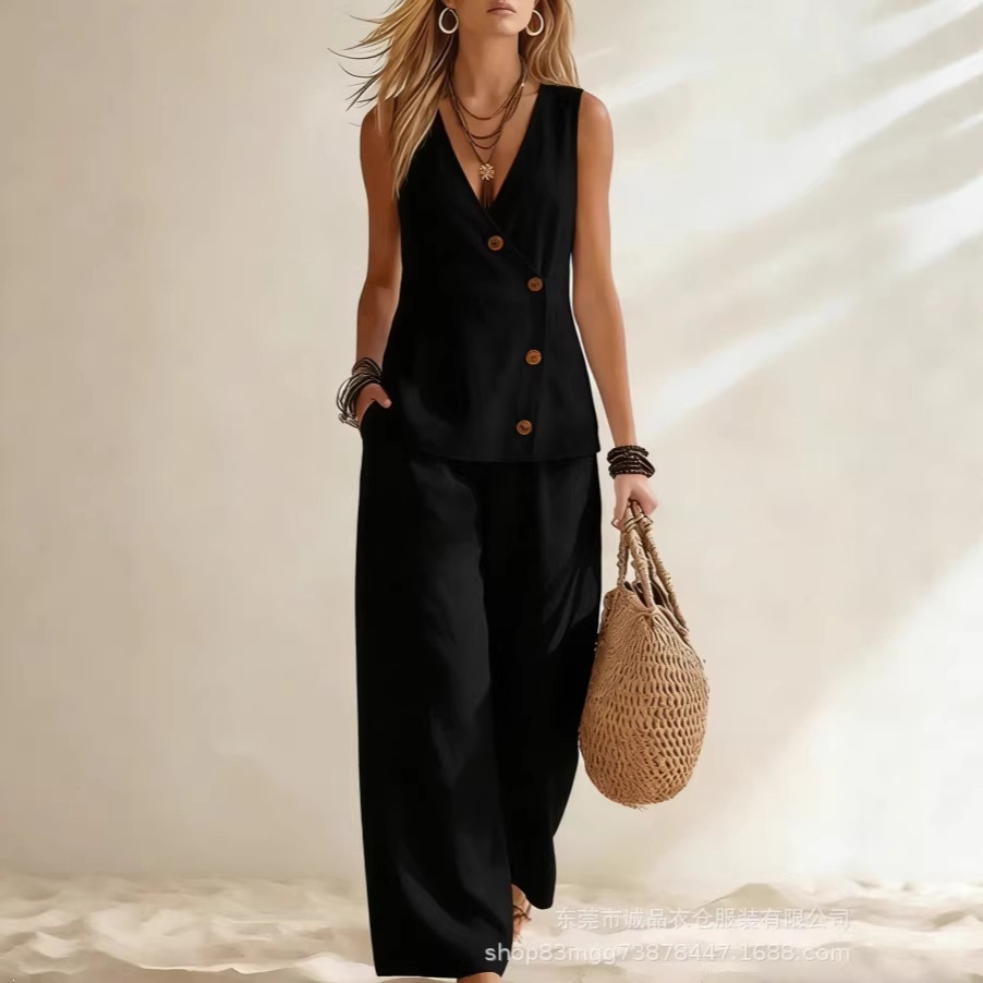 Women's Summer Cotton-Linen Button Cardigan & Pants Set Casual Vacation Solid Color