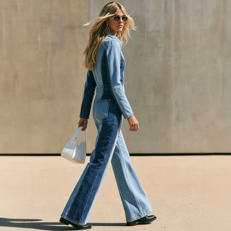 Retro Color-Block Long-Sleeve Zip Flared Jumpsuit