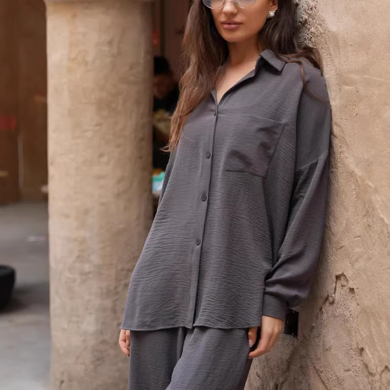 Women's Solid Color Collared Long Sleeve Shirt and High Waist Pants Set