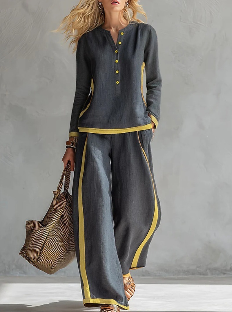 Women's Color-Block Cotton-Linen Two-Piece Set Button-Front Stand Collar Long Sleeve Top & Side-Striped
