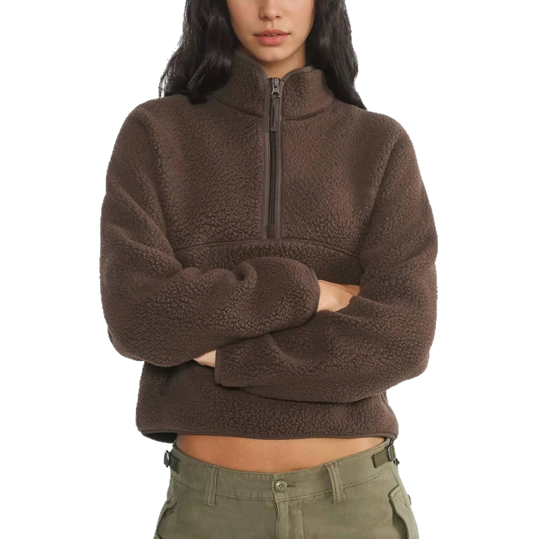 Women's Retro Fleece Half-Zip Pullover Sweatshirt Solid Stand Collar