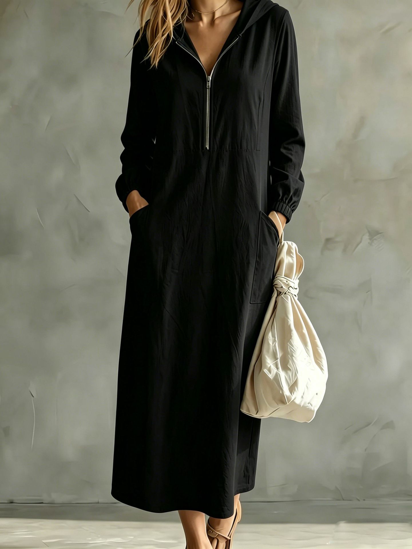Hooded Half-Zip Cotton-Linen Long Sleeve Dress with Cuffed Sleeves