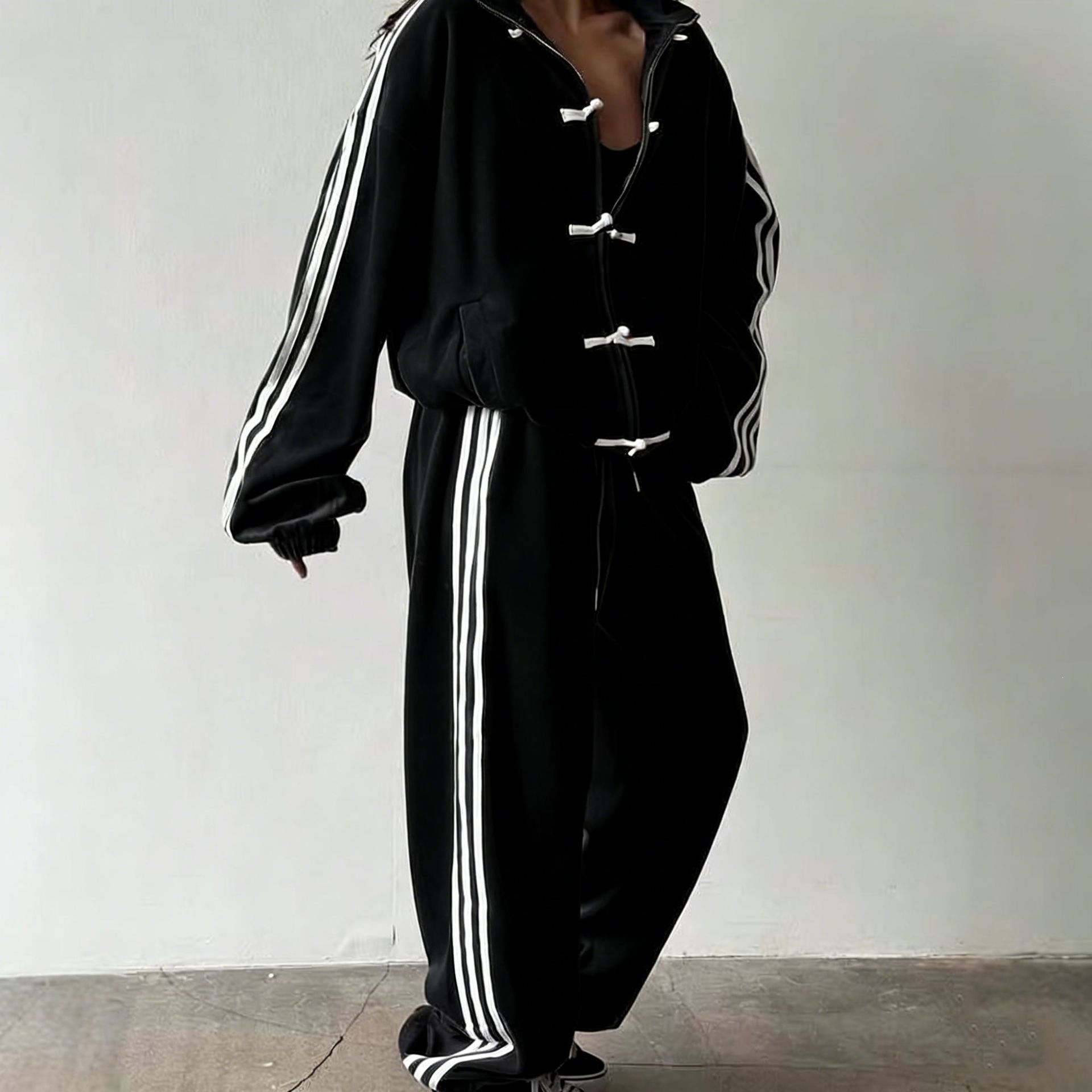 Retro Stand Collar Jacket & Wide-Leg Pants Set with Frog Buttons and 3-Stripe Detail