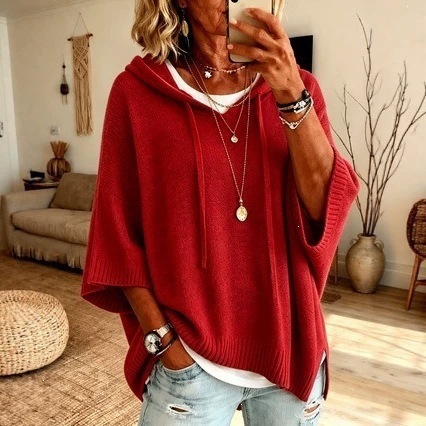 Women's Knit Hooded Drawstring Sweater Pullover Loose Fit Purple